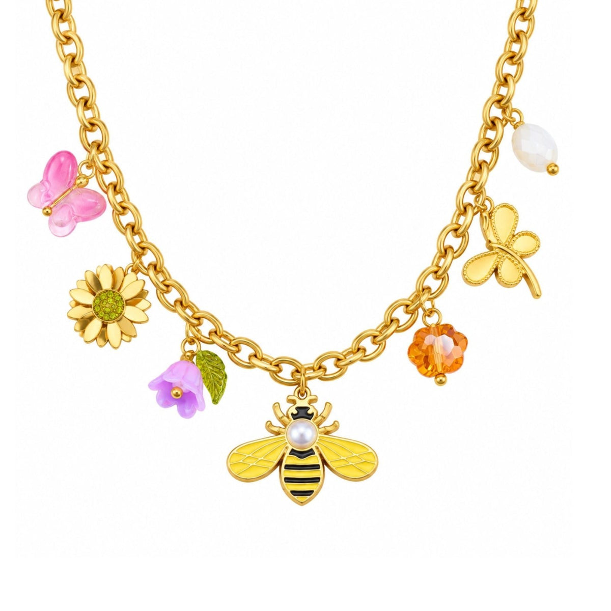 Collier charms floral pour femme, en acier inoxydable doré, chaîne épaisse ornée d'abeille et motifs nature