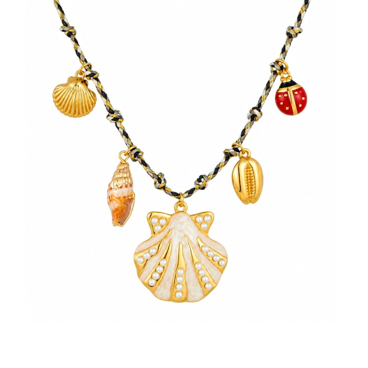 Collier charms marin pour femme, en acier inoxydable doré, cordon tressé noir et blanc avec pendentif coquillage nacré