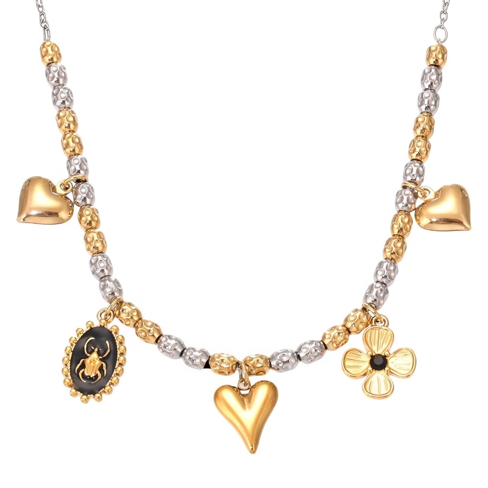 Collier charms or et argent, pendentifs cœurs, fleur et scarabée, en acier inoxydable