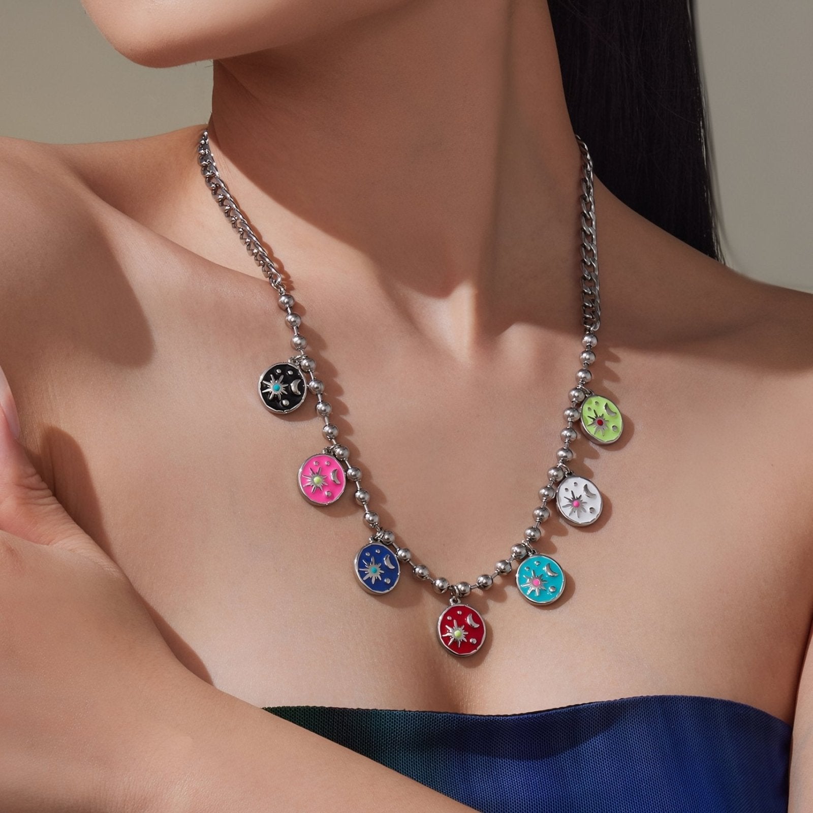 Collier charms pour femme, pendentifs émaillés colorés, en acier inoxydable