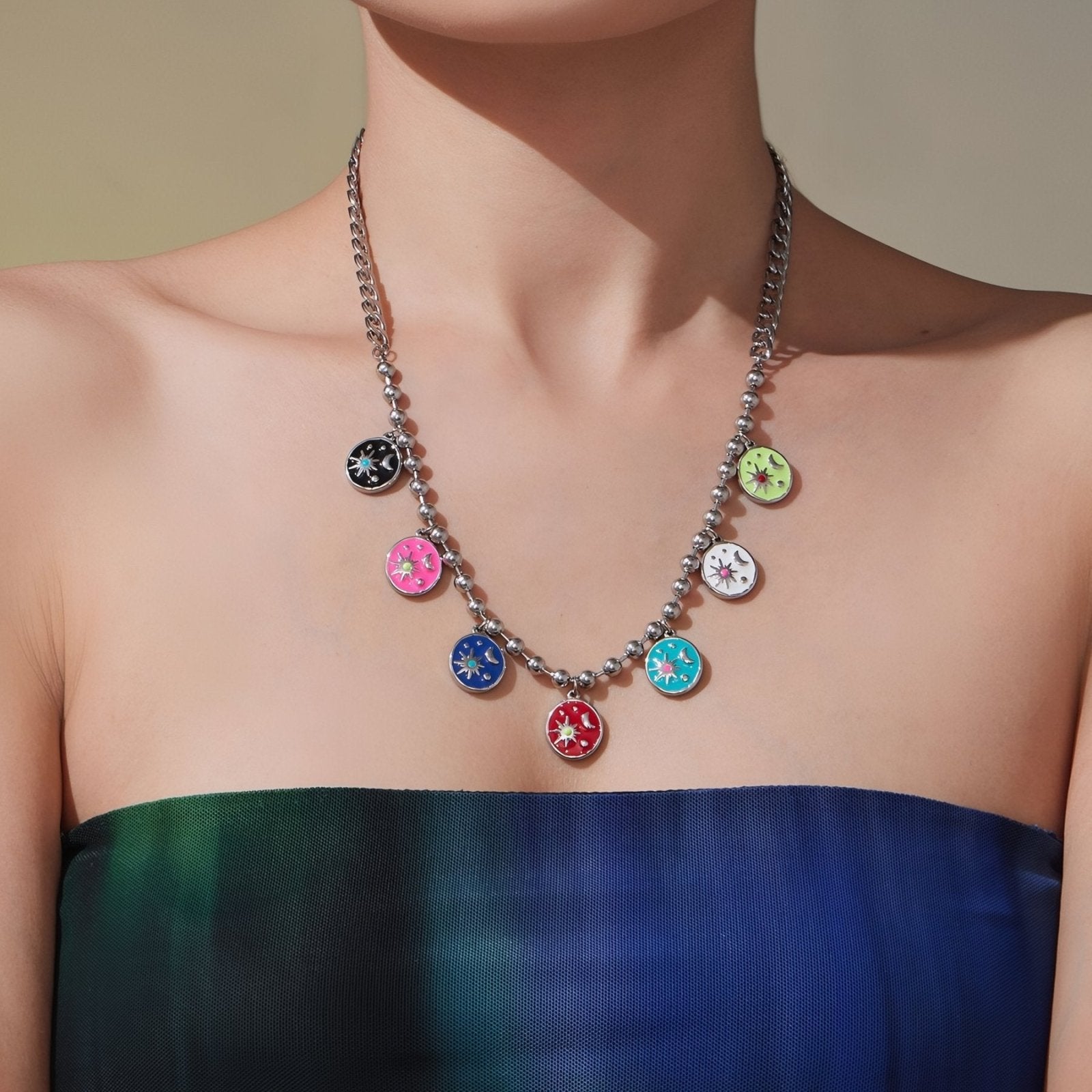 Collier charms pour femme, pendentifs émaillés colorés, en acier inoxydable