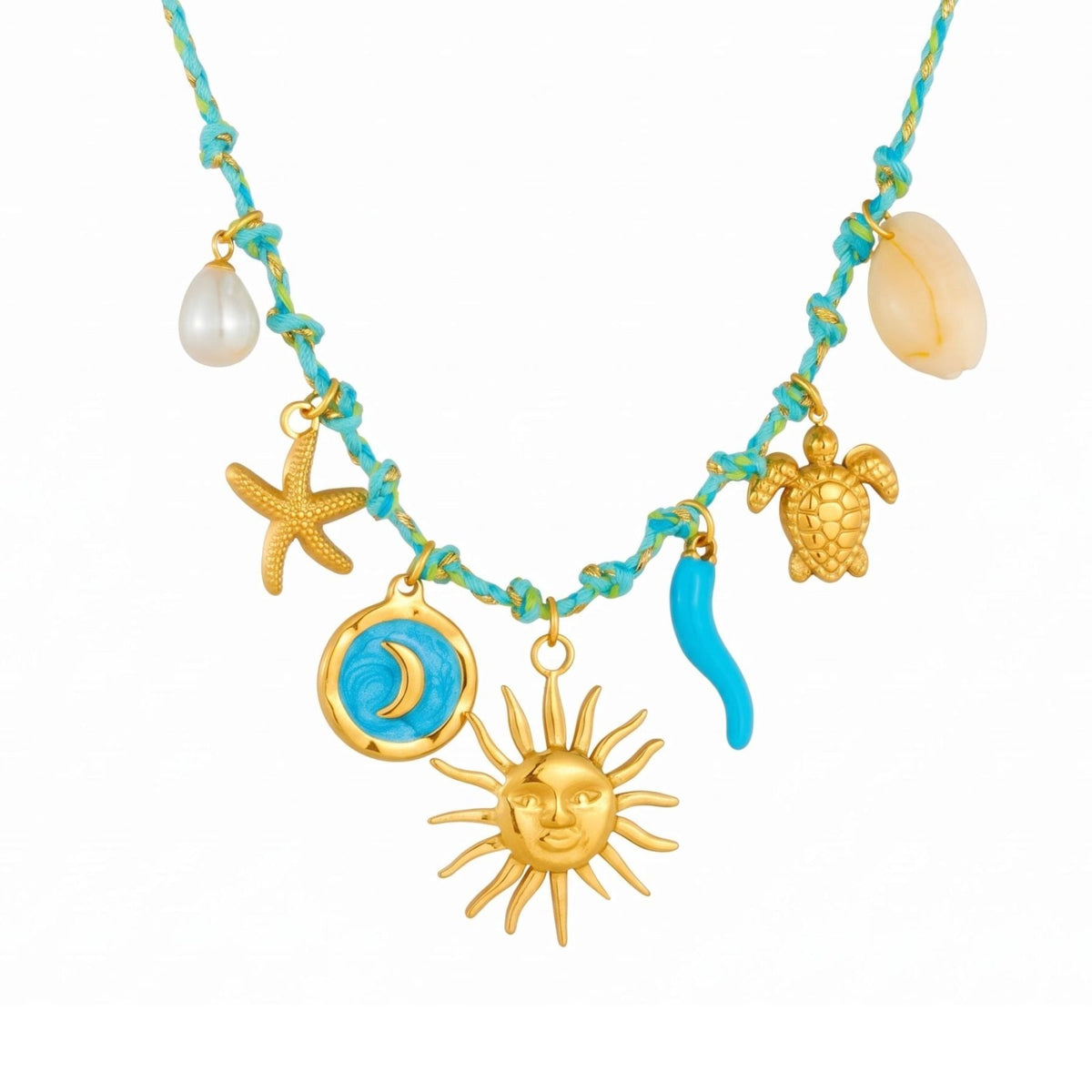 Collier charms soleil pour femme, en acier inoxydable doré, cordon tressé avec tortue et étoile de mer