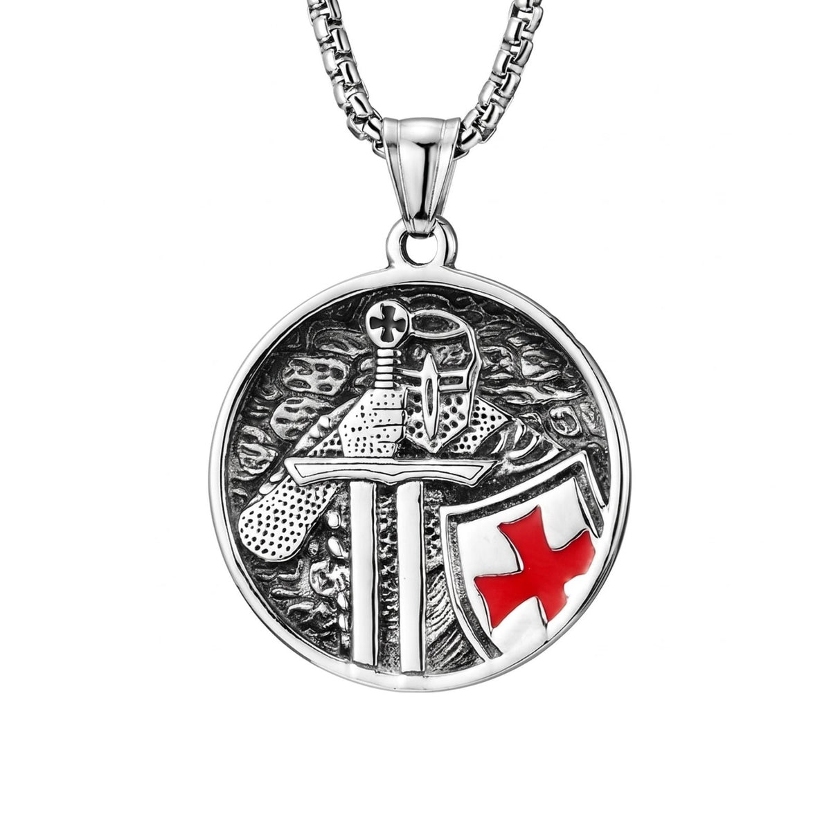 Collier chevalier templier pour homme, en acier inoxydable argenté, pendentif rond avec épée et bouclier à croix rouge