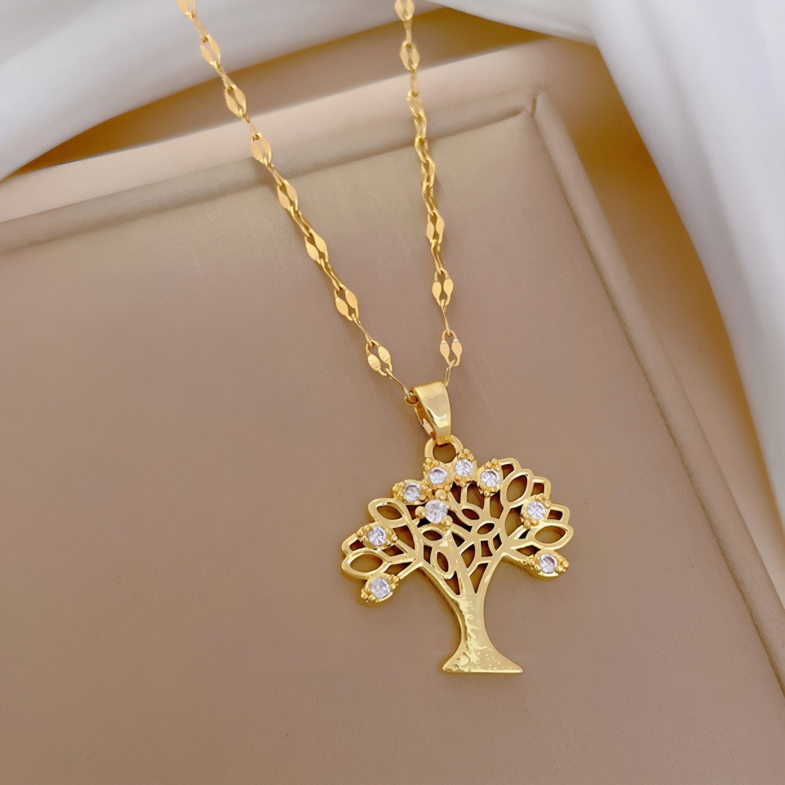 Collier chic pour femme, avec pendentif arbre de vie en cuivre serti de zircon, chaîne en acier inoxydable