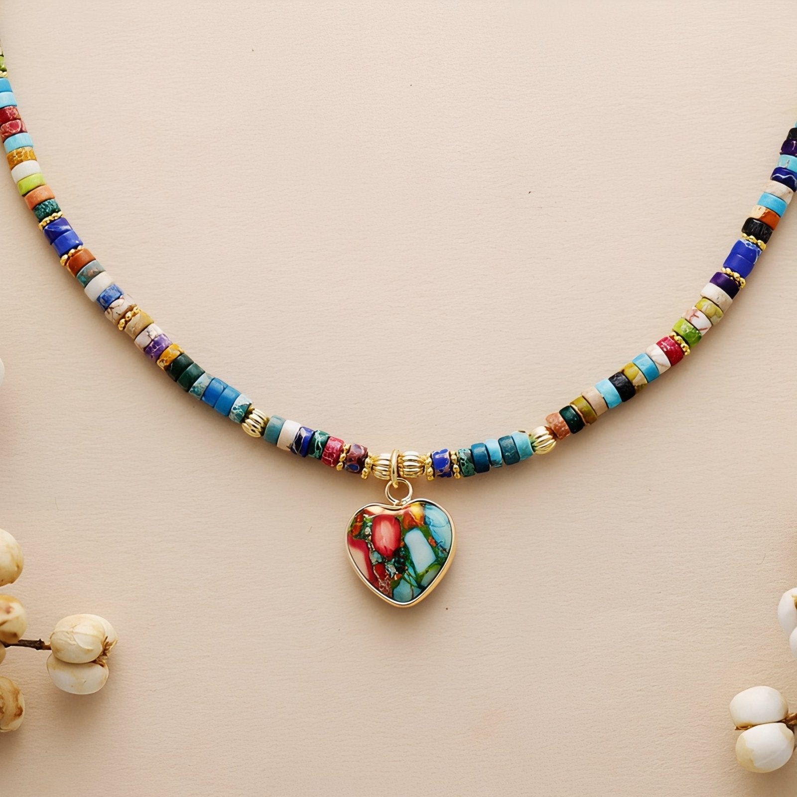 Collier choker en pierres naturelles, pendentif cœur, style Y2K multicolore