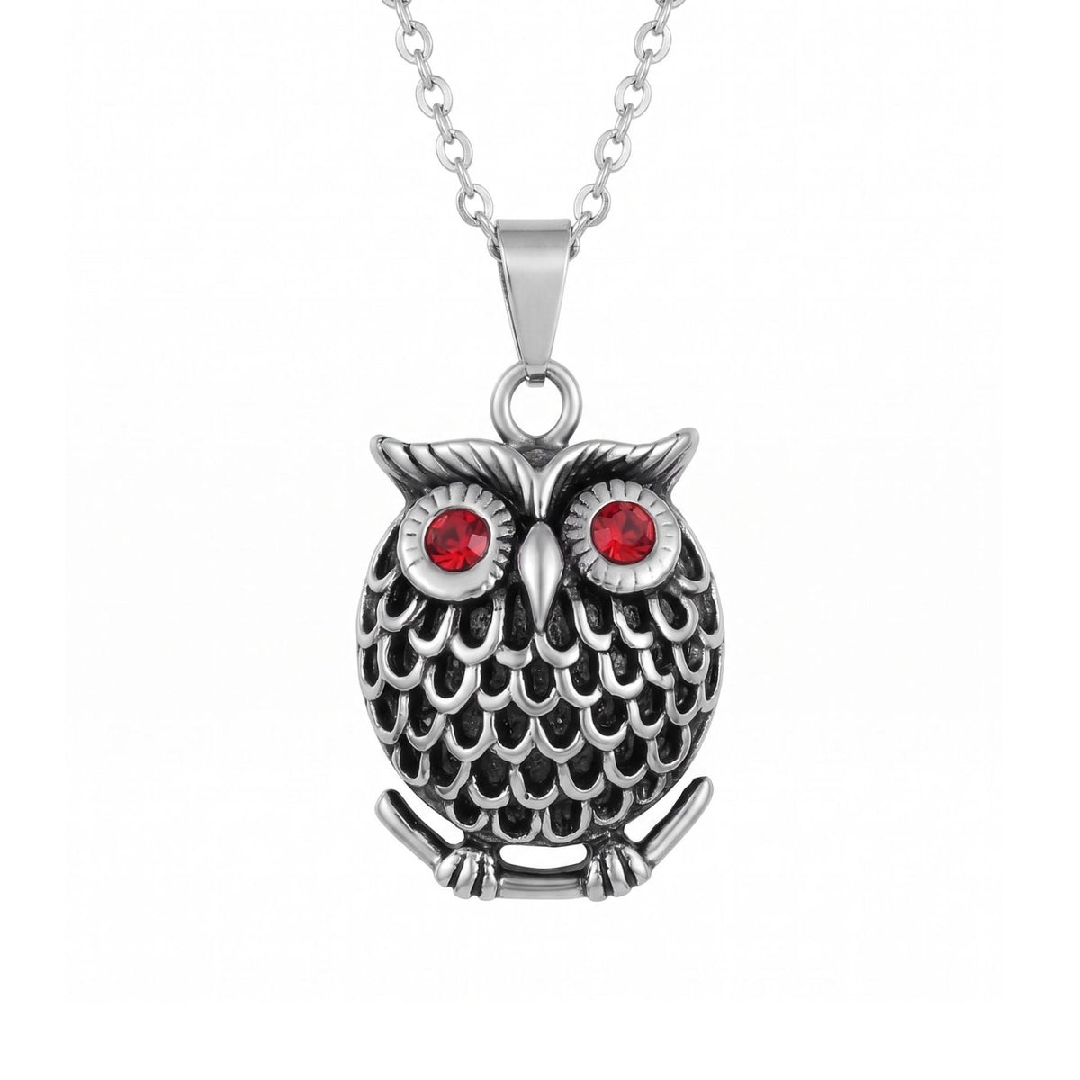 Collier chouette pour homme, en acier titane, pendentif hibou aux yeux sertis de pierres rouges