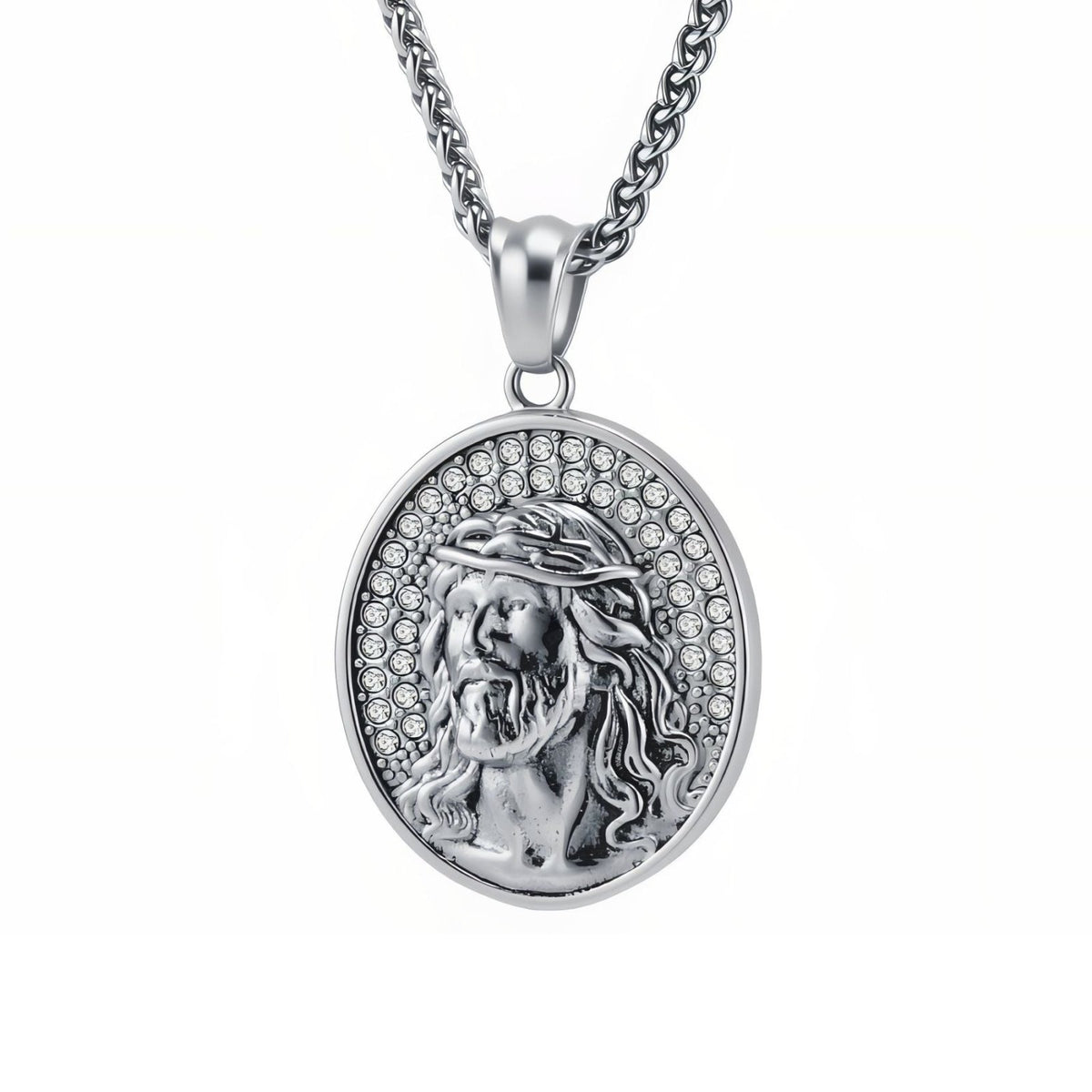 Collier chrétien pour homme, en acier inoxydable, pendentif religieux Jésus-Christ avec couronne d’épines et pierres brillantes