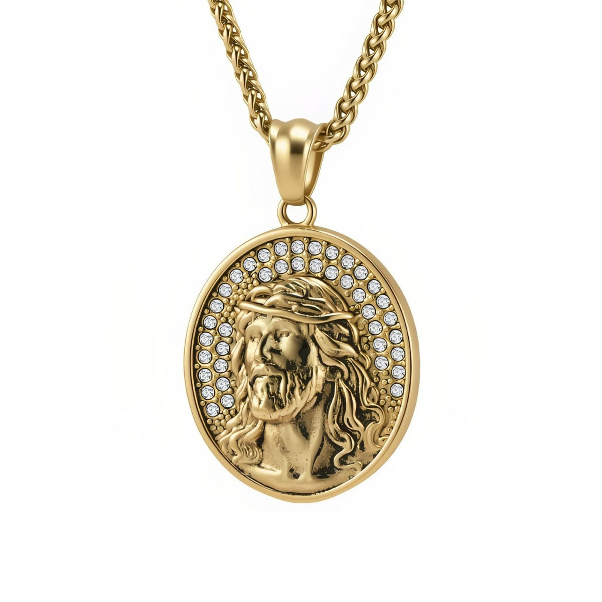 Collier chrétien pour homme, en acier inoxydable, pendentif religieux Jésus-Christ avec couronne d’épines et pierres brillantes