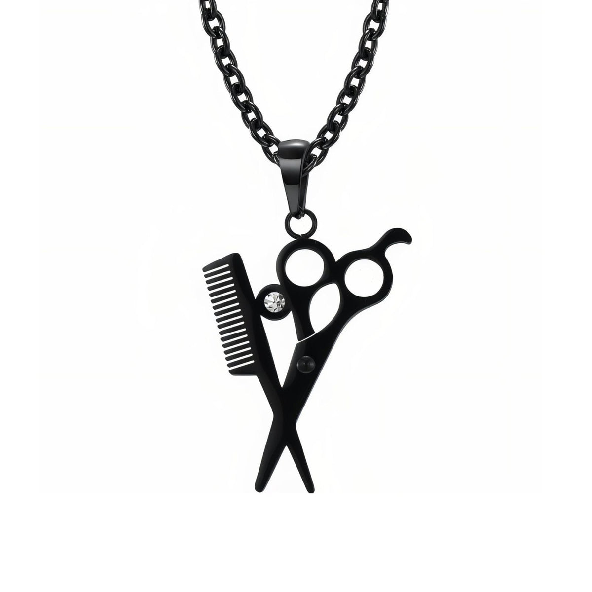 Collier ciseaux et peigne de coiffeur pour homme, en acier inoxydable, avec cristal décoratif