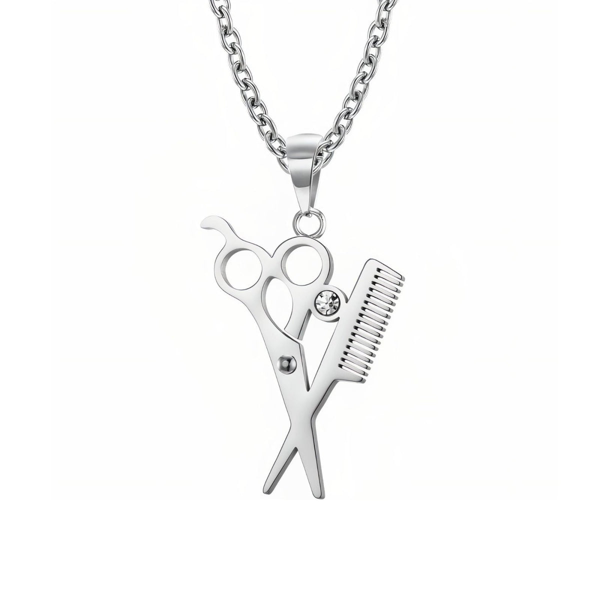 Collier ciseaux et peigne de coiffeur pour homme, en acier inoxydable, avec cristal décoratif