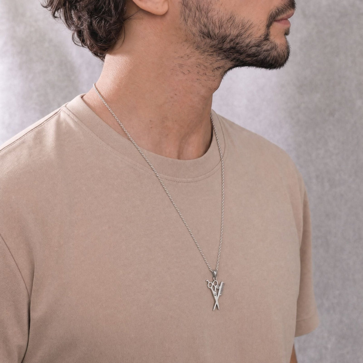 Collier ciseaux et peigne de coiffeur pour homme, en acier inoxydable, avec cristal décoratif