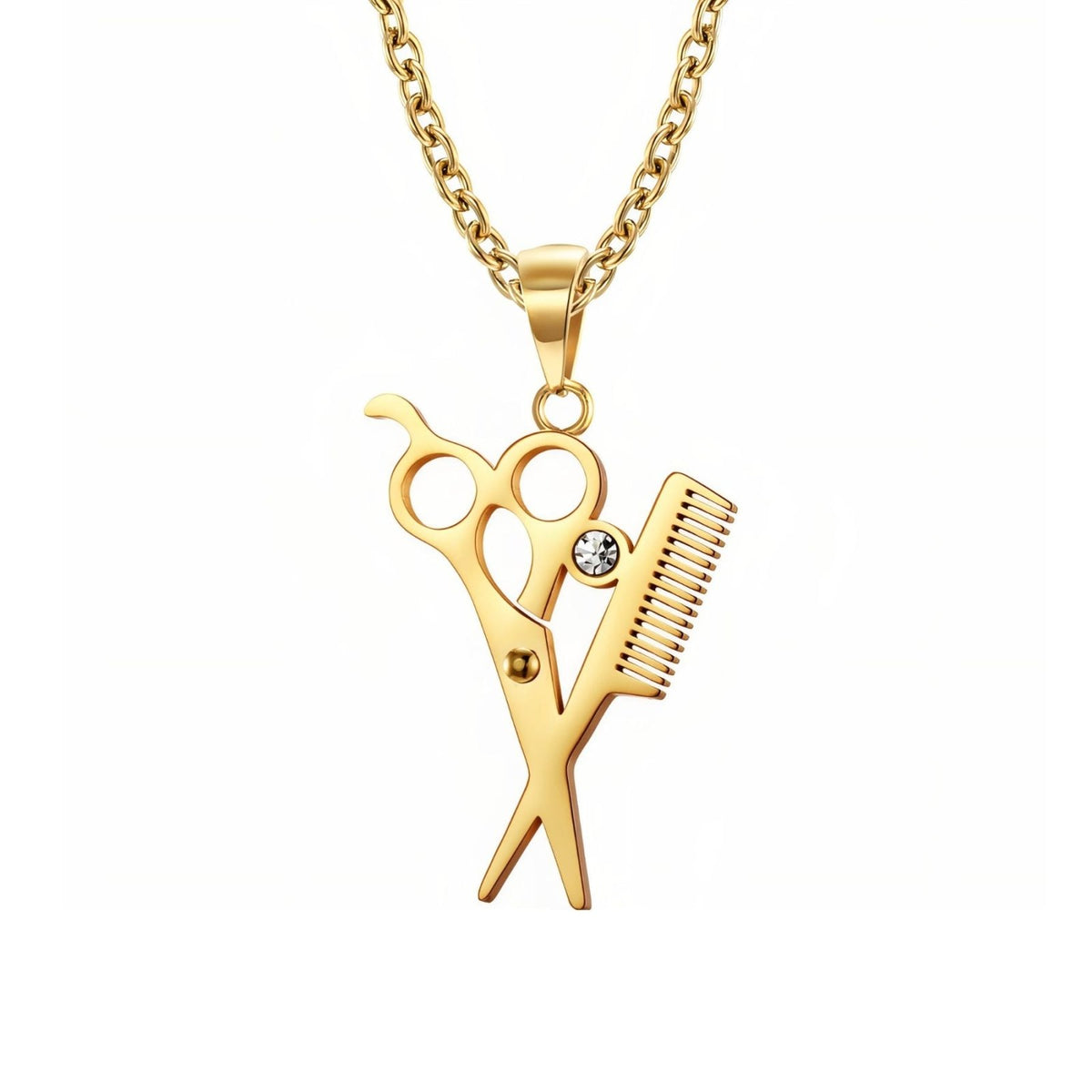 Collier ciseaux et peigne de coiffeur pour homme, en acier inoxydable, avec cristal décoratif