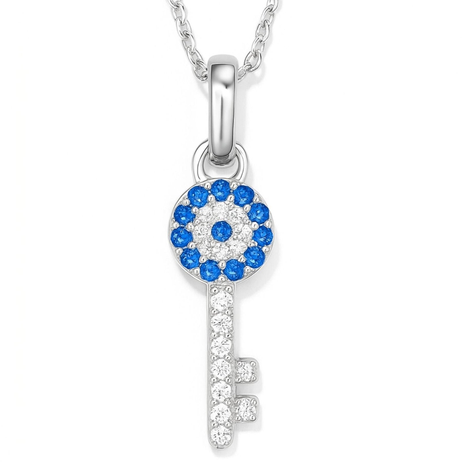 Collier clé œil protecteur en argent 925, pavé de zircons bleus et blancs, bijou symbolique pour femme, modèle Soraya