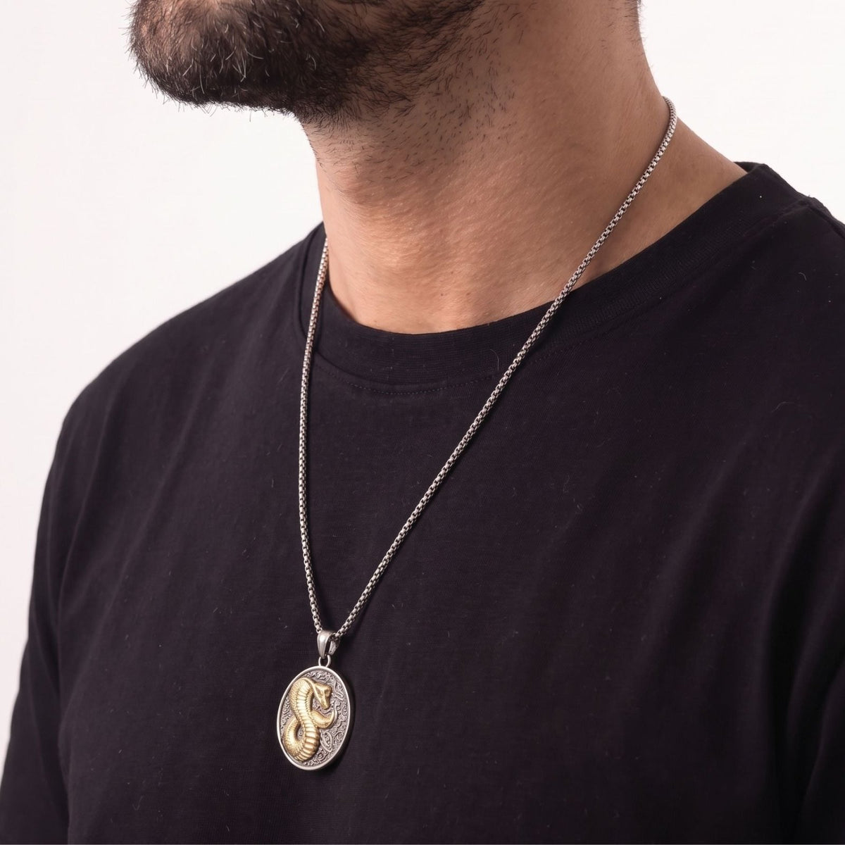 Collier cobra pour homme, en acier titane, pendentif circulaire au style oriental