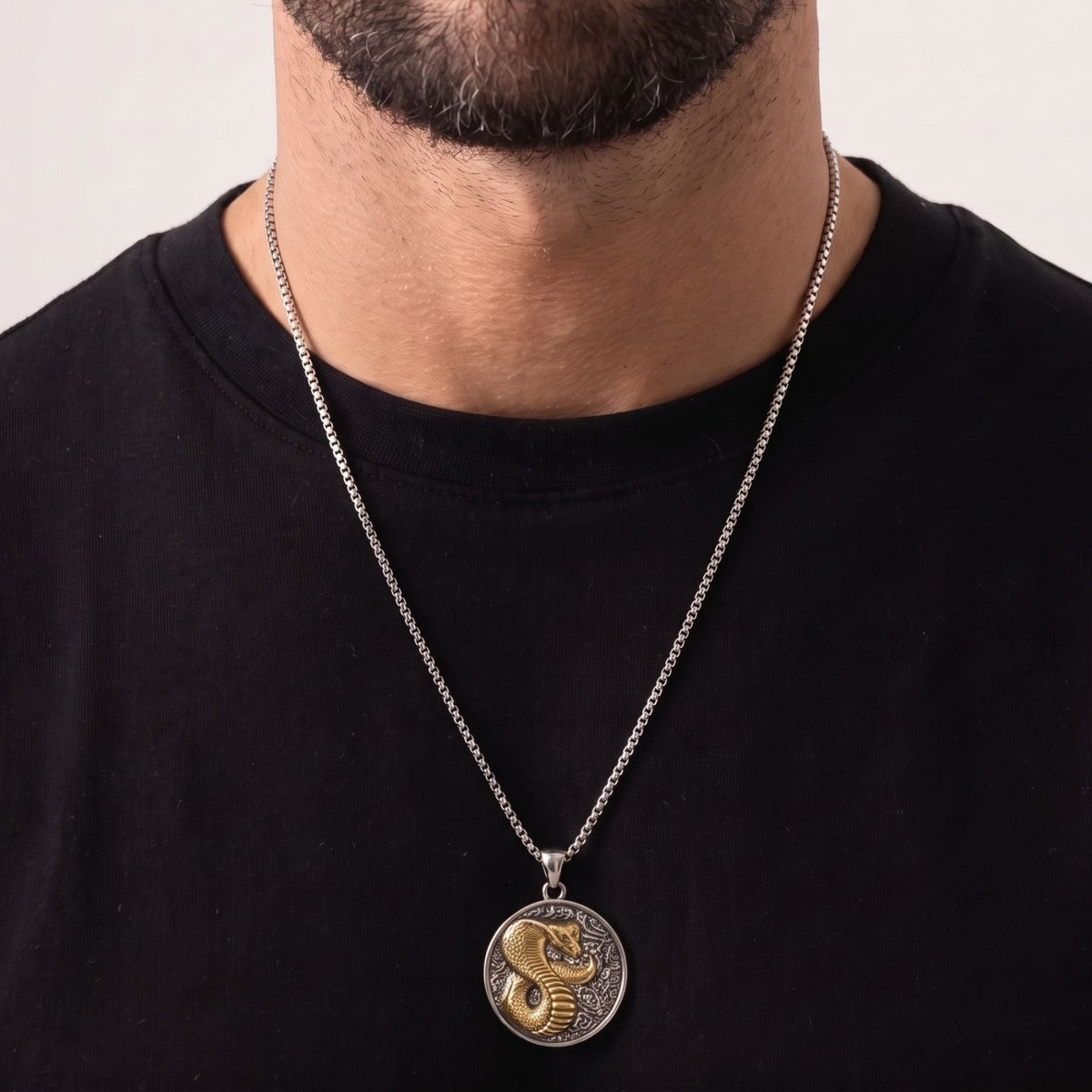 Collier cobra pour homme, en acier titane, pendentif circulaire au style oriental
