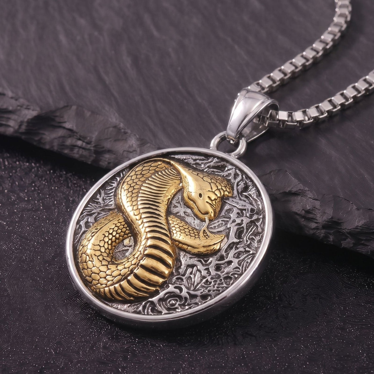 Collier cobra pour homme, en acier titane, pendentif circulaire au style oriental