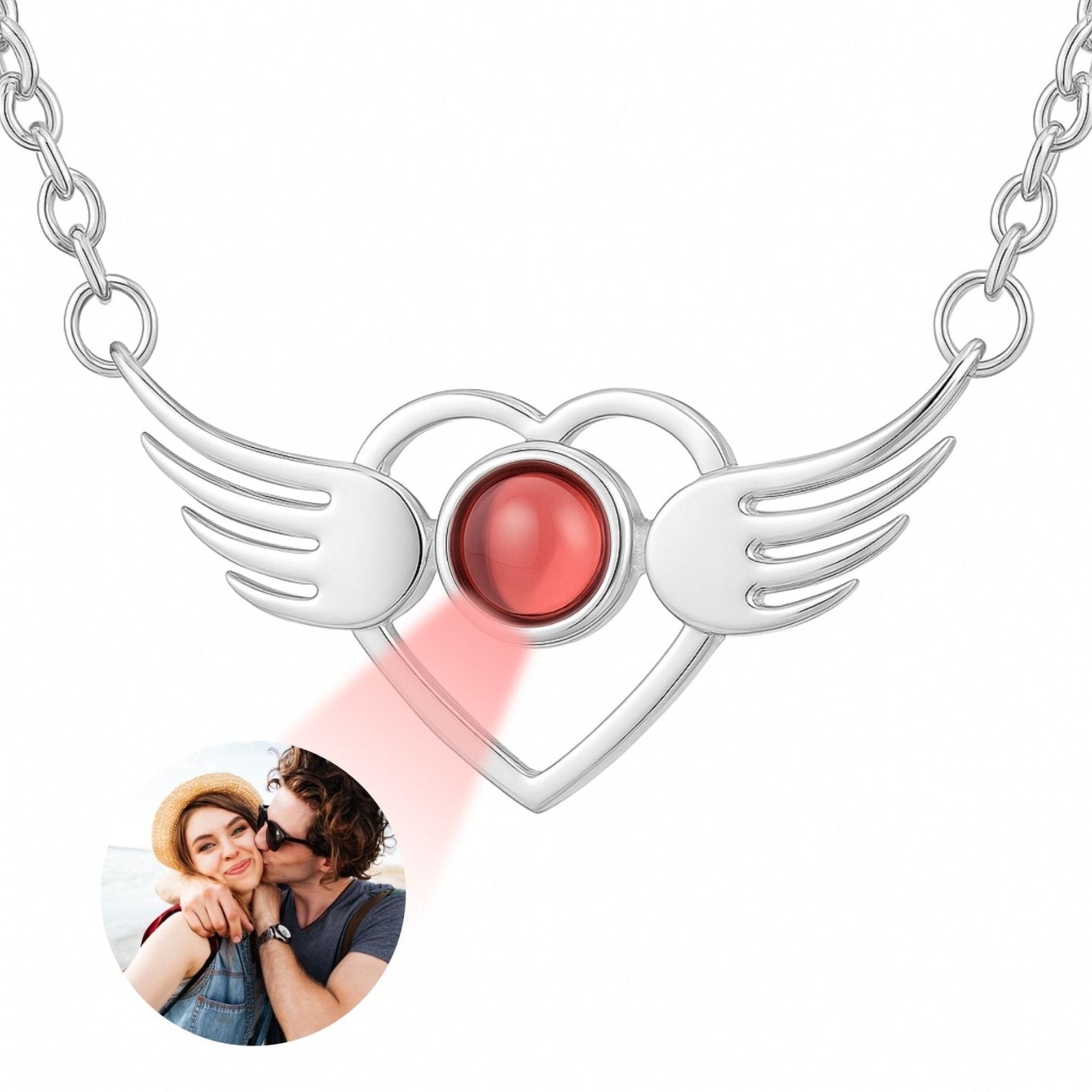 Collier cœur avec ailes et projection photo, pour femme, modèle Wings