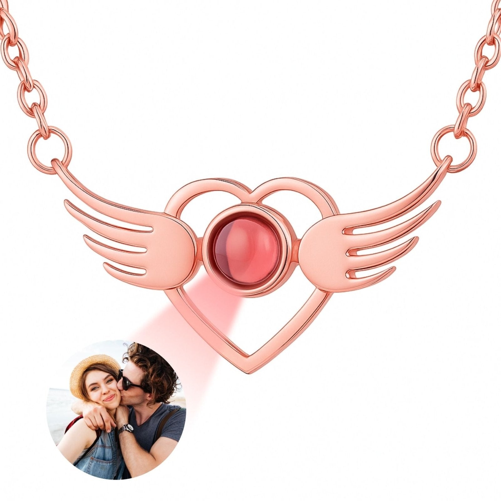 Collier cœur avec ailes et projection photo, pour femme, modèle Wings