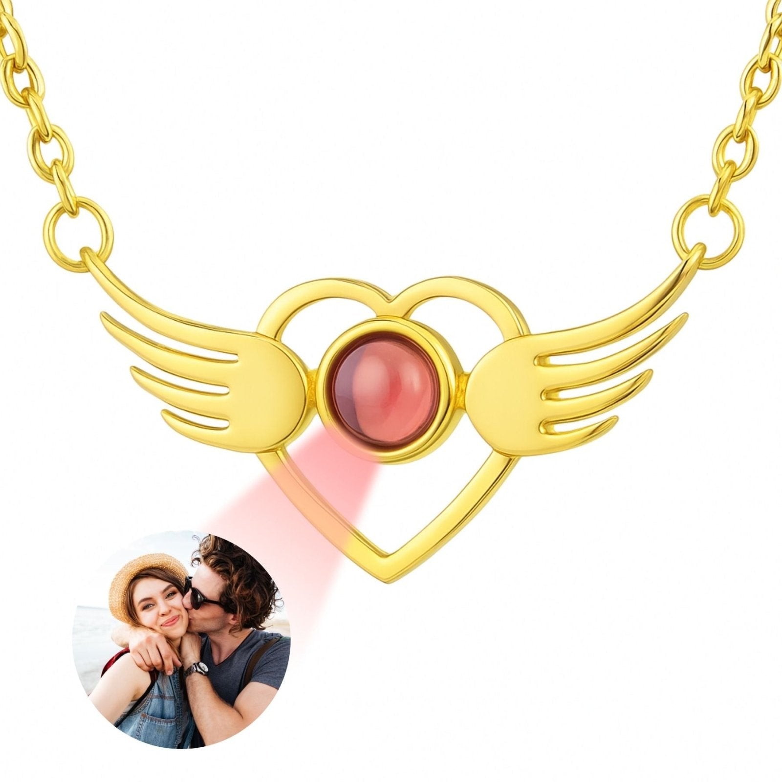 Collier cœur avec ailes et projection photo, pour femme, modèle Wings