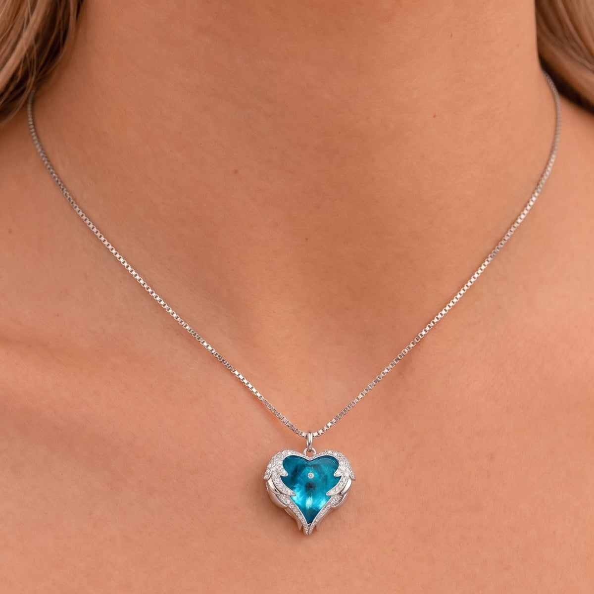Collier cœur bleu pour femme, en cuivre argenté et argent 925, pendentif bleu serti de pierres scintillantes