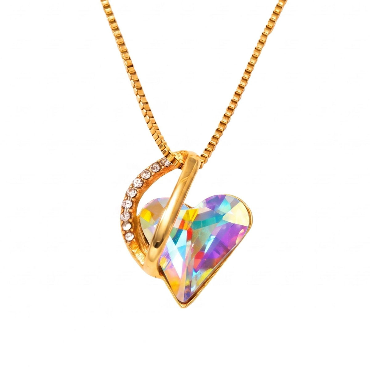 Collier cœur cristal pour femme, en acier inoxydable doré, pendentif en zircon facetté et serti de pierres blances