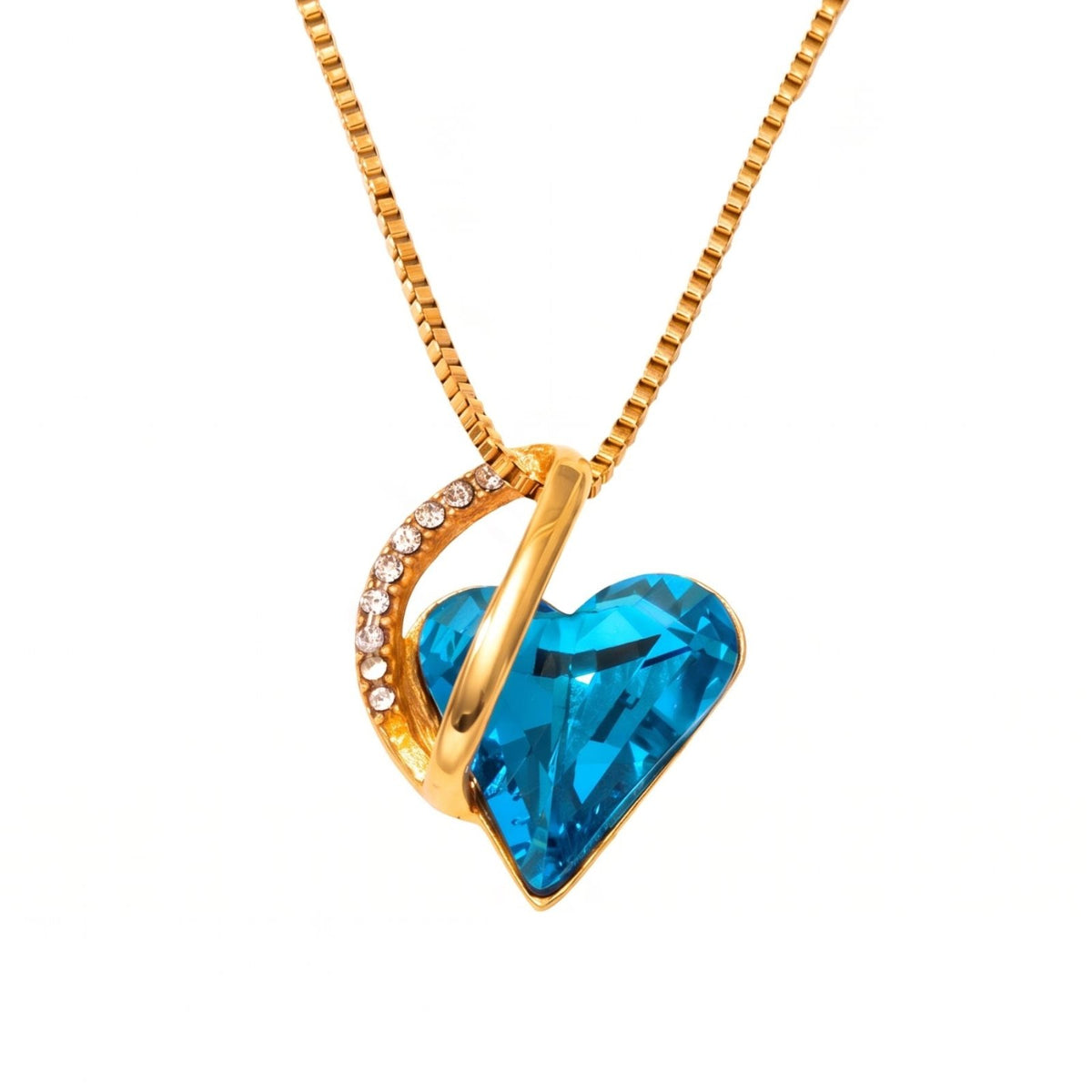 Collier cœur cristal pour femme, en acier inoxydable doré, pendentif en zircon facetté et serti de pierres blances