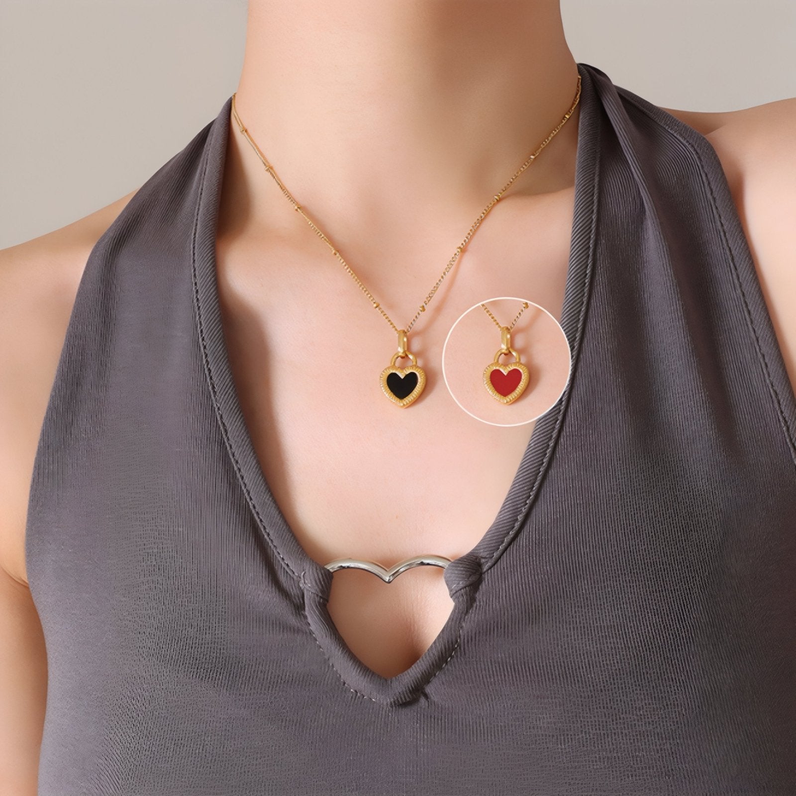 Collier cœur double - face pour femme, avec nacre et résine, en acier inoxydable