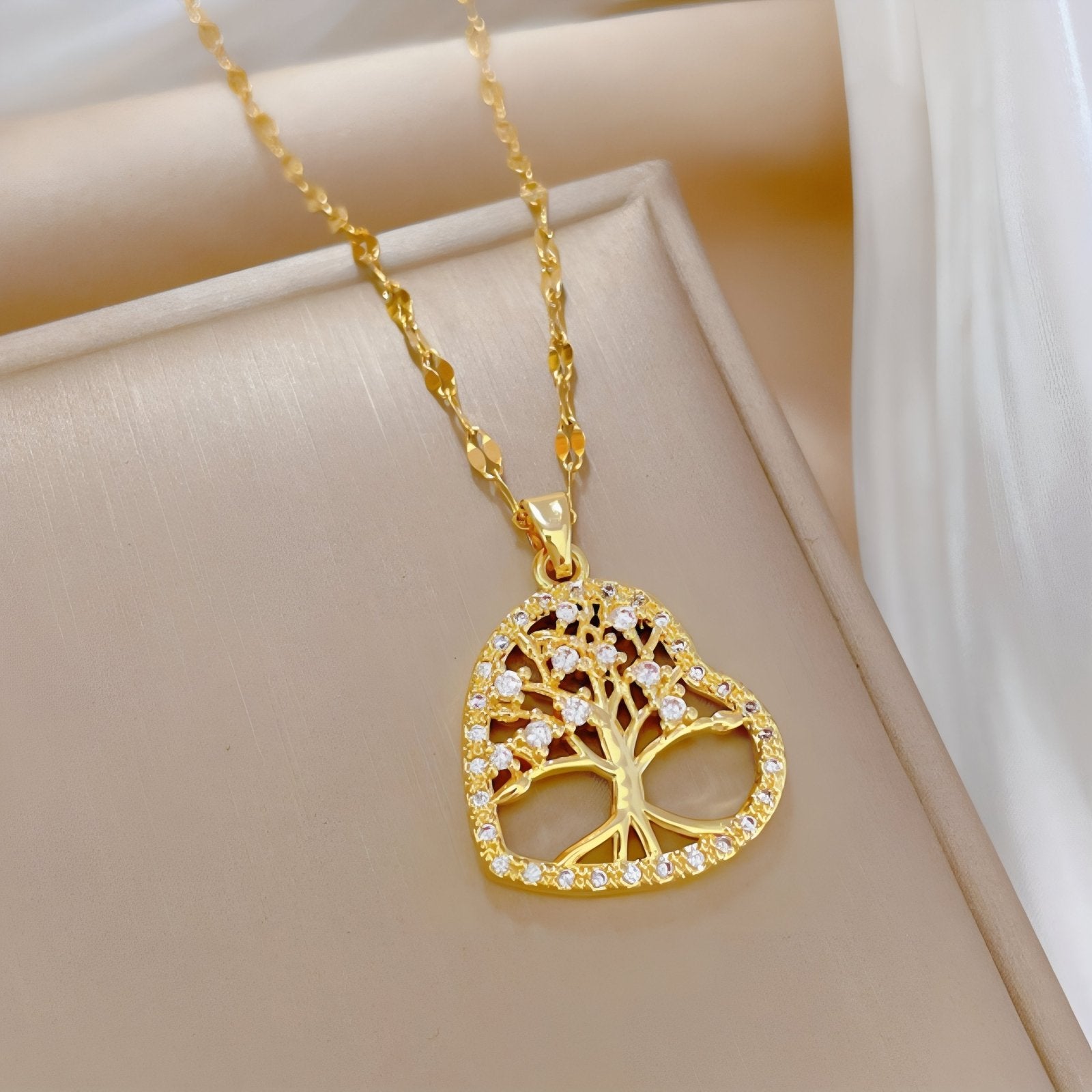 Collier cœur incliné pour femme, pendentif arbre de vie en cuivre et zircon, chaîne en acier inoxydable