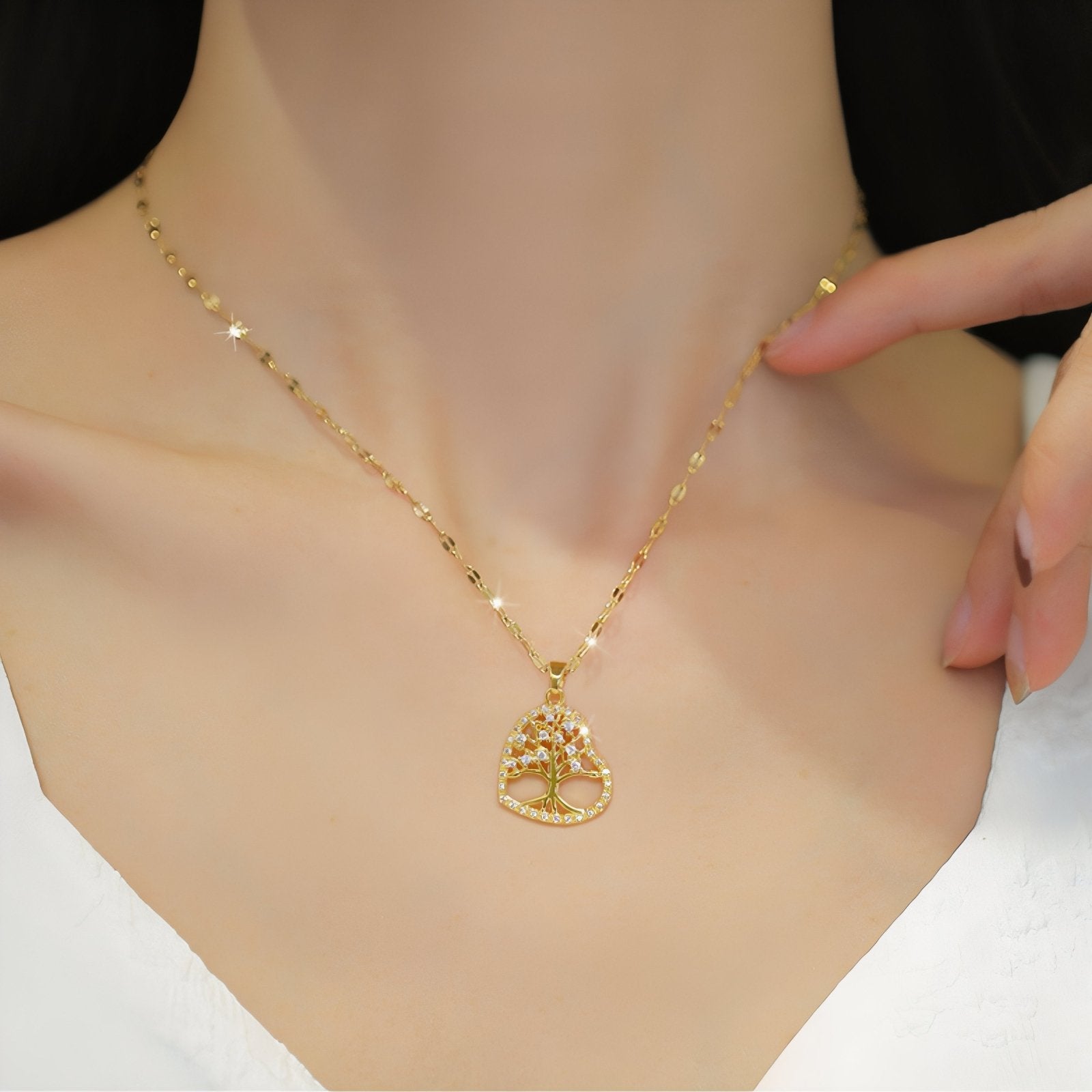 Collier cœur incliné pour femme, pendentif arbre de vie en cuivre et zircon, chaîne en acier inoxydable