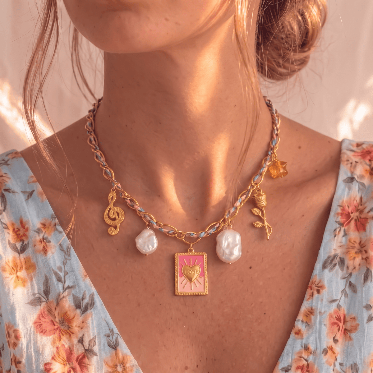 Collier cœur love pour femme, en acier inoxydable doré, cordon multicolore avec clé de sol et rose