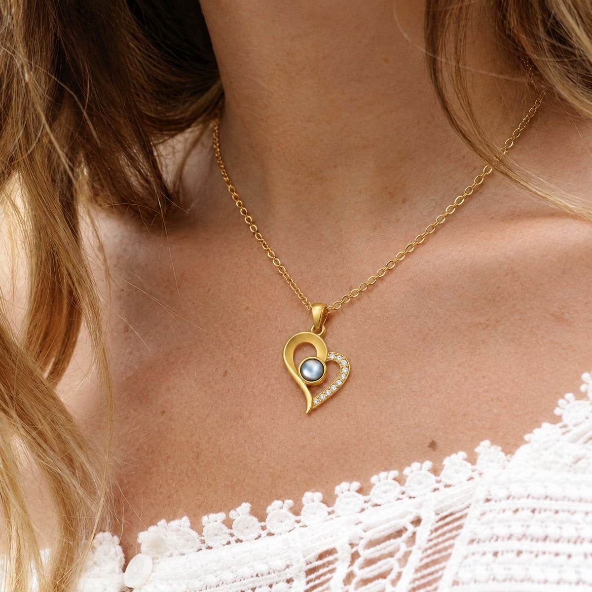 Collier cœur personnalisable avec photo, acier inoxydable et zirconium cubique