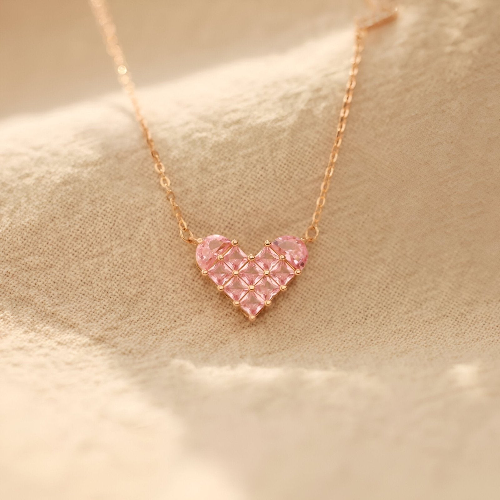 Collier cœur rose en zircon et argent 925, chaîne fine plaquée or rose pour femme, modèle Belle