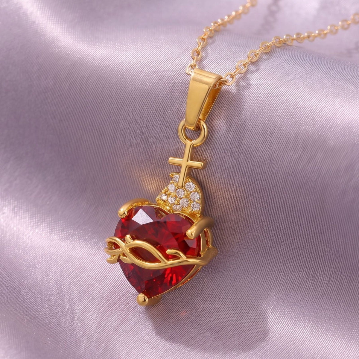 Collier cœur rubis pour femme, en cuivre doré, pendentif rouge facetté avec motif épineux et petite croix