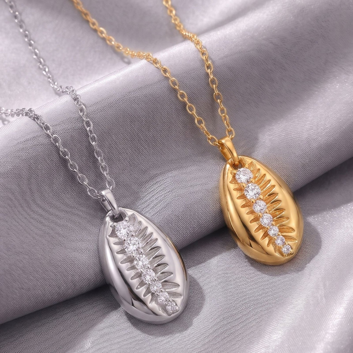 Collier coquillage cauri pour femme, en acier inoxydable, pendentif serti de zircons scintillants