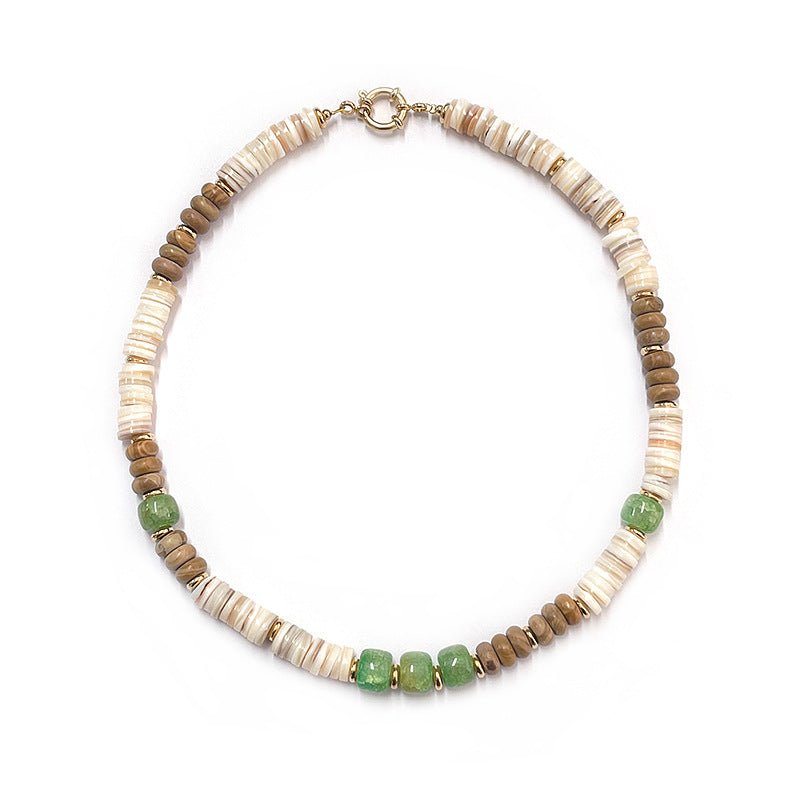 Collier coquillage et aventurine, style ethnique, acier doré 18K, modèle Dominique