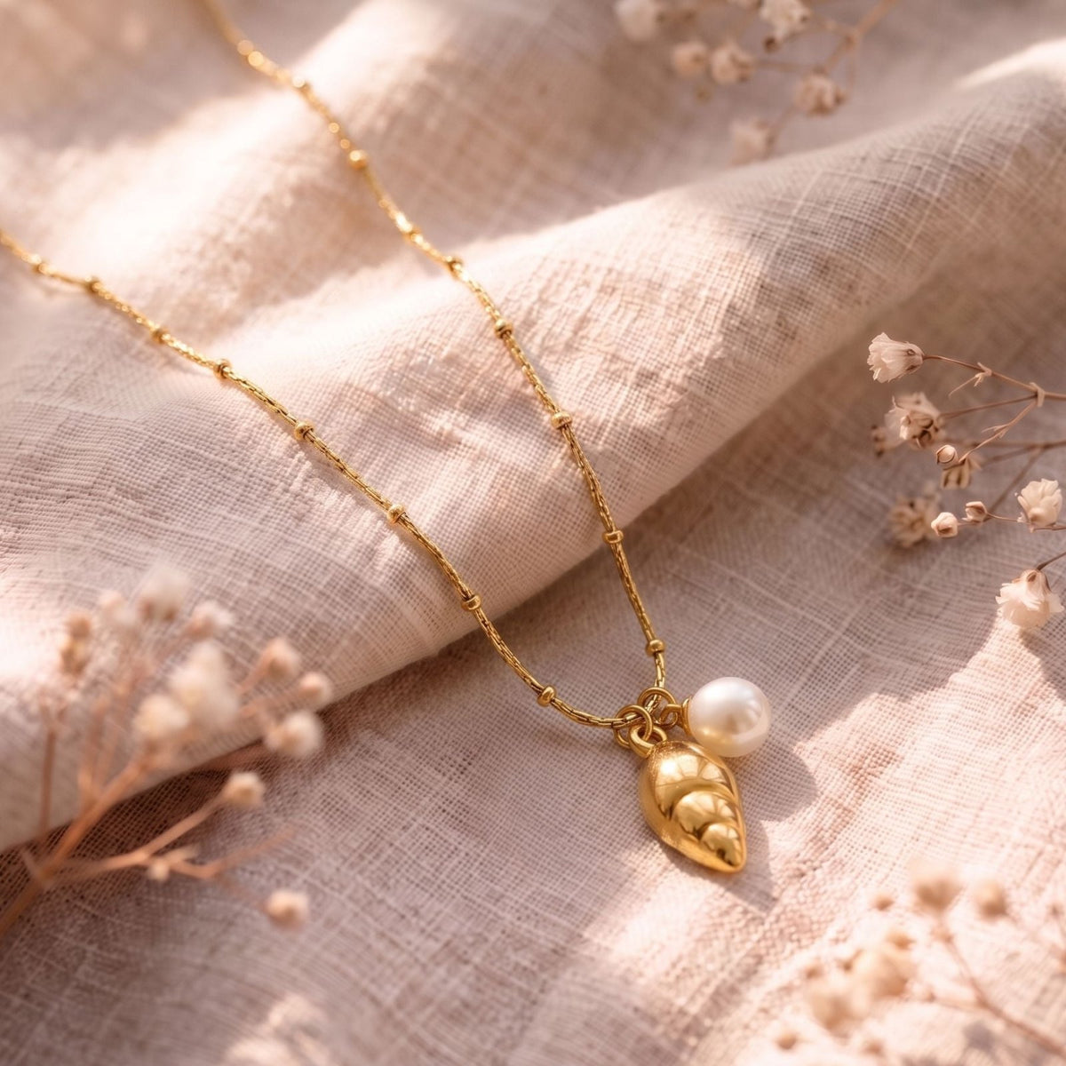 Collier coquillage et perle pour femme, en acier inoxydable doré, chaîne fine au style marin