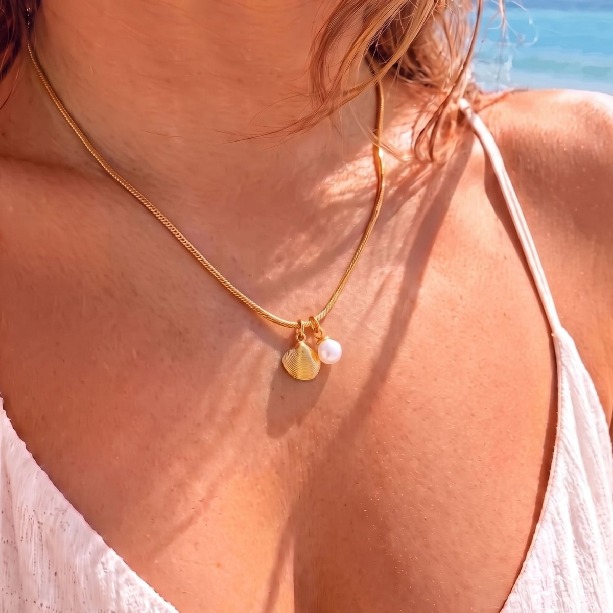 Collier coquillage et perle pour femme, en acier inoxydable doré, pendentif élégant au style marin