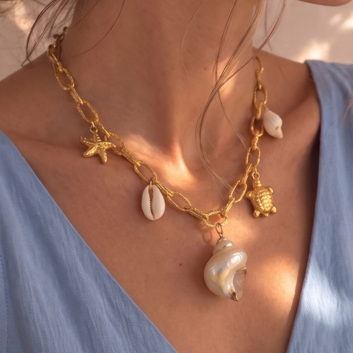 Collier coquillage et tortue pour femme, en acier inoxydable doré, pendentif nacré et charms inspirées de la mer
