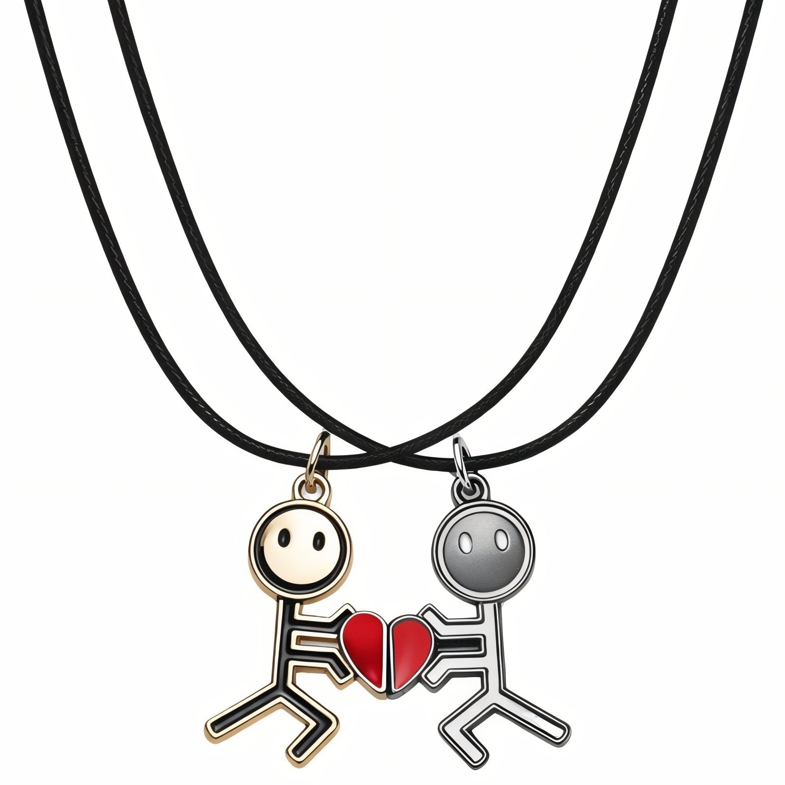 Collier couple à partager, avec cordon noir et pendentif personnages cœur, en alliage métallique