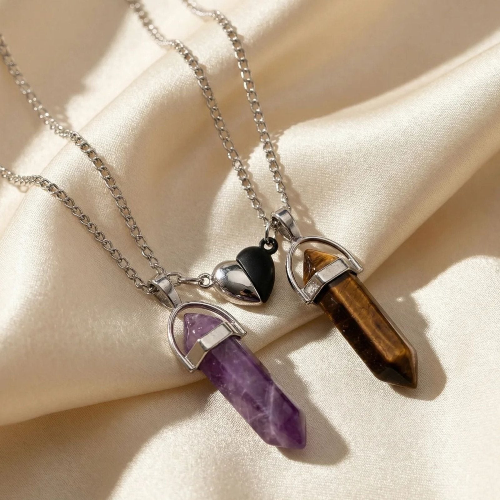 Collier couple, avec pendentif géométrique et cœur, en acier inoxydable et en pierre naturelle