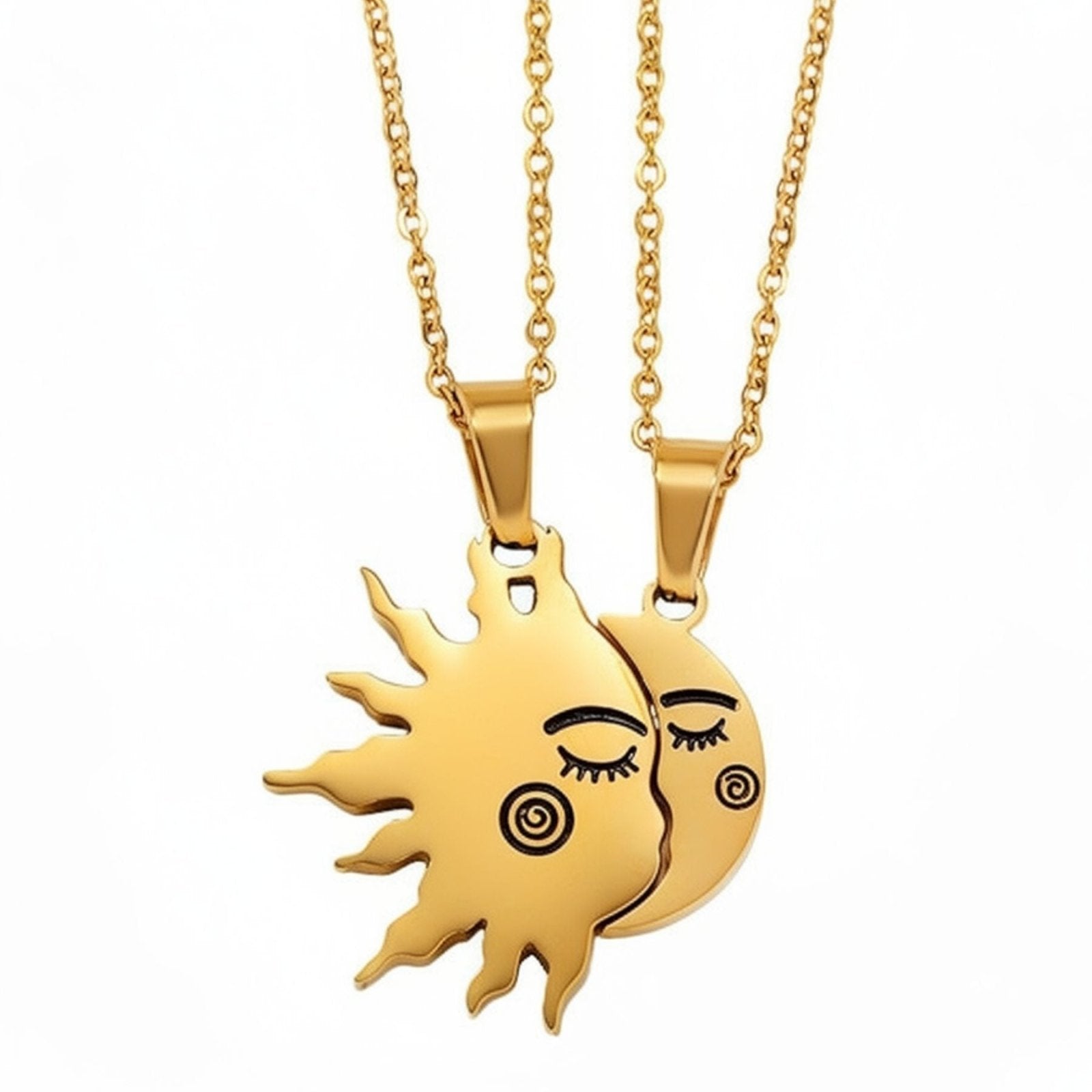 Collier couple, avec pendentif soleil et lune, en acier inoxydable