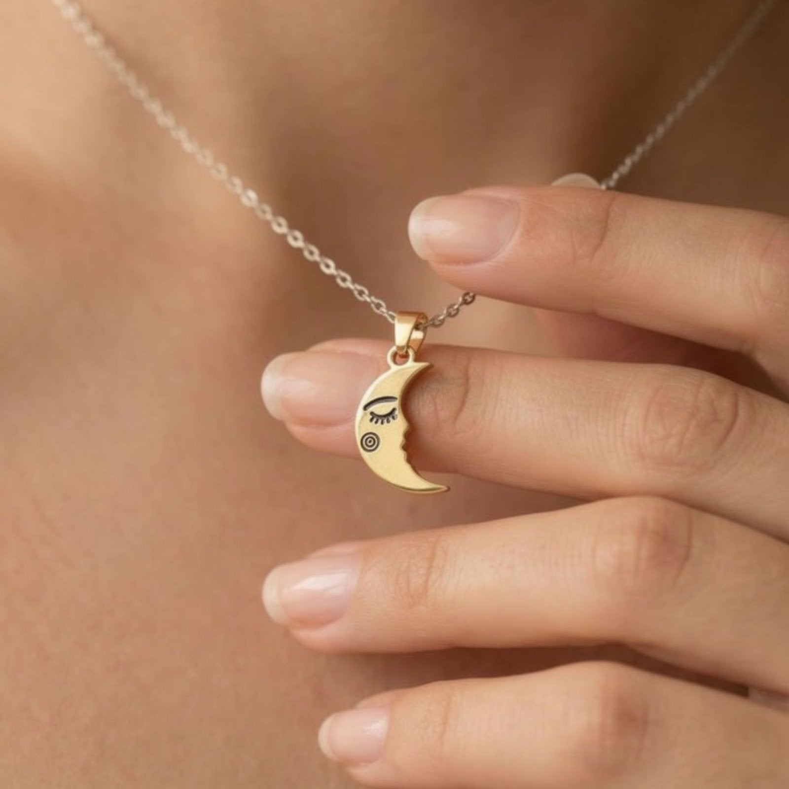 Collier couple, avec pendentif soleil et lune, en acier inoxydable