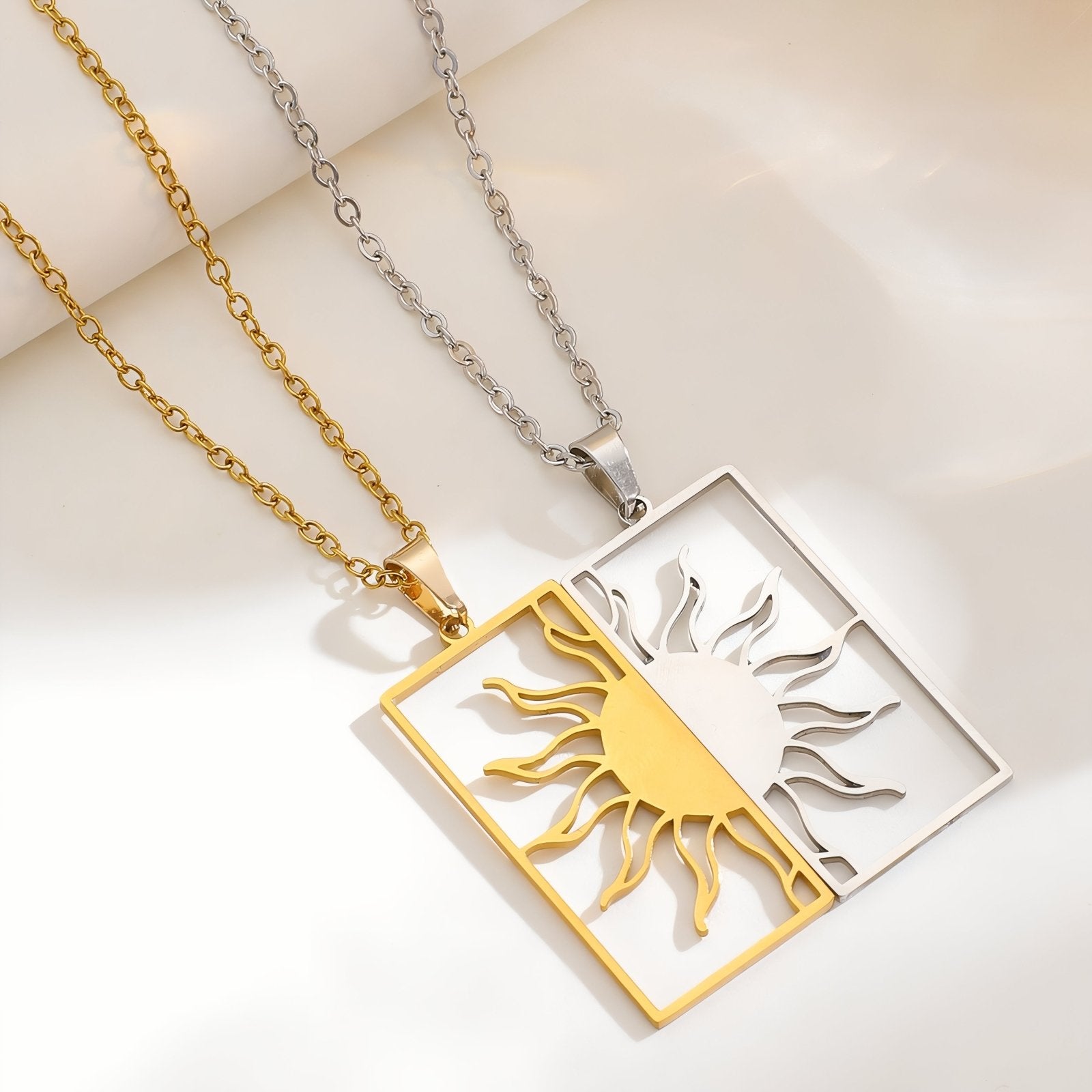 Collier couple original, avec pendentif rectangulaire soleil, en acier inoxydable