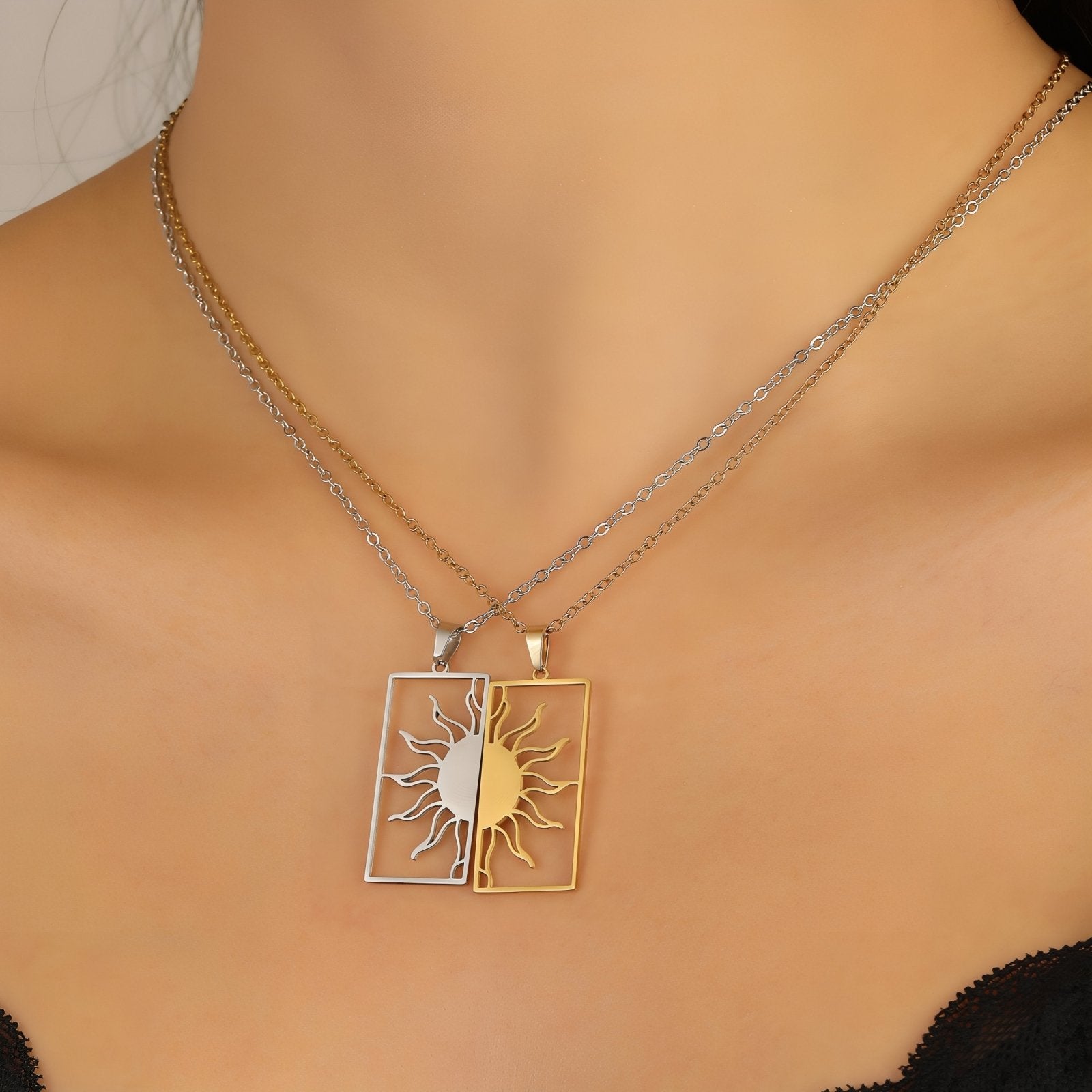 Collier couple original, avec pendentif rectangulaire soleil, en acier inoxydable