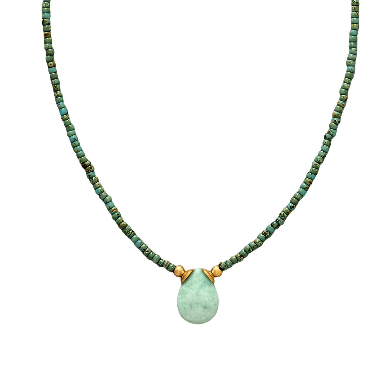 Collier court en perles semi - précieuses d'amazonite, style rétro français avec pierre centrale, modèle Verde