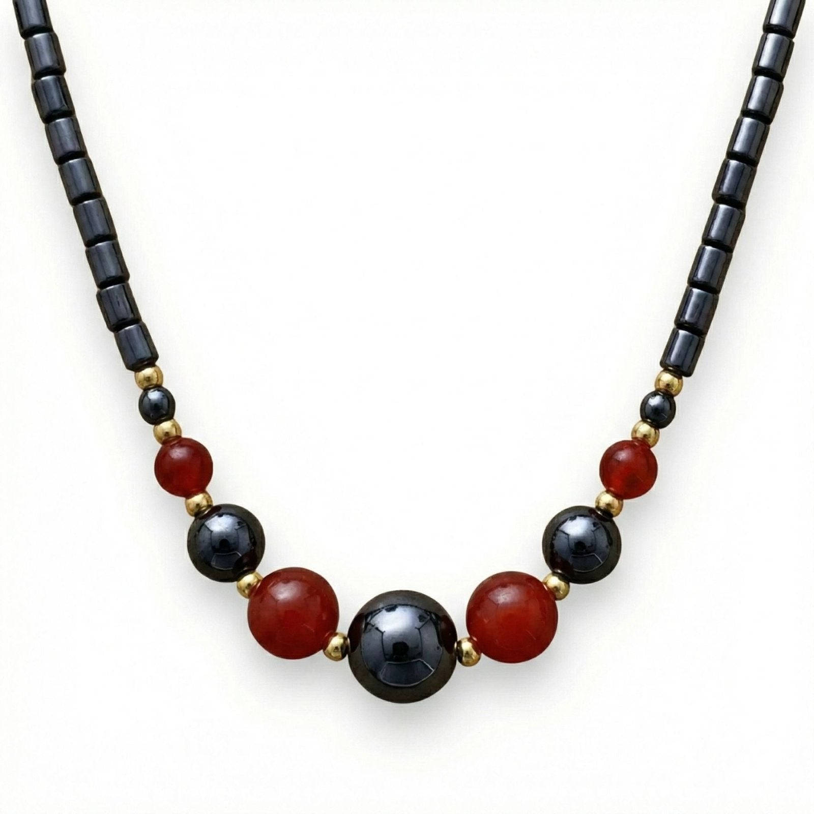 Collier court pour femme, en pierres naturelles cornaline et hématite, style ethnique