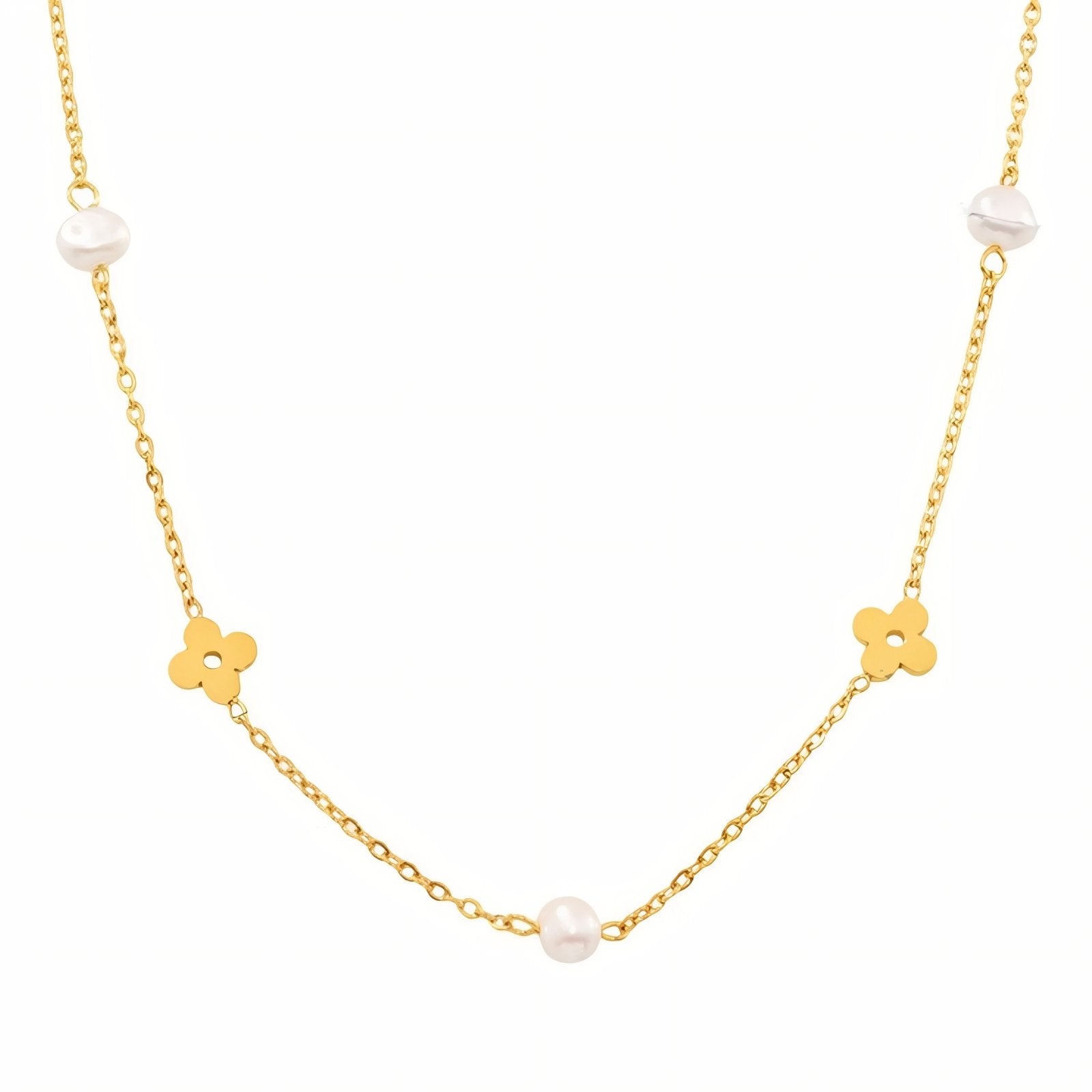 Collier court raffiné, perles de cultures et motif trèfle, taille réglable