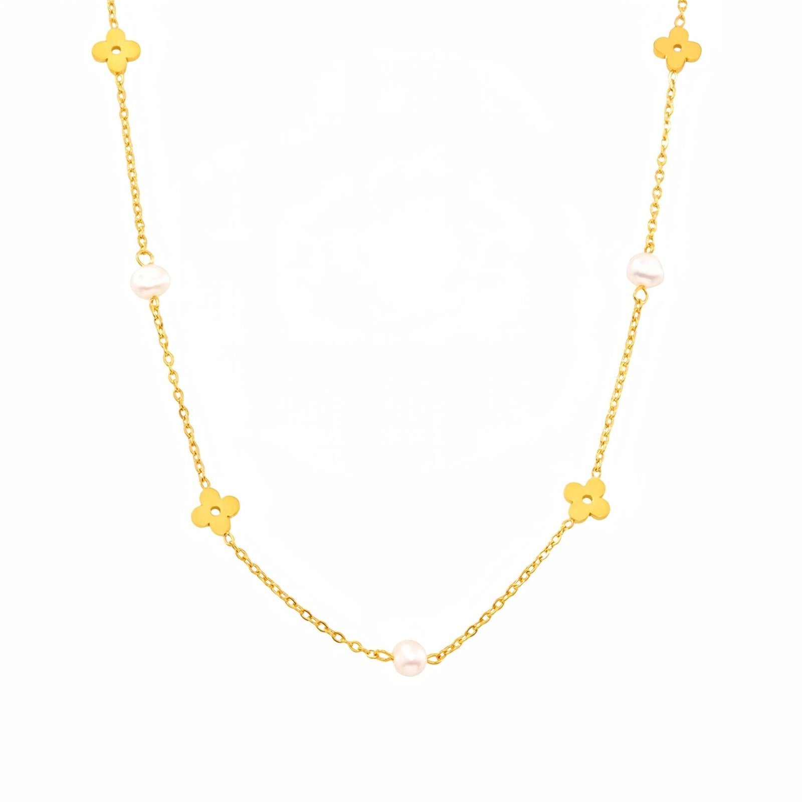 Collier court raffiné, perles de cultures et motif trèfle, taille réglable, modèle Abigail