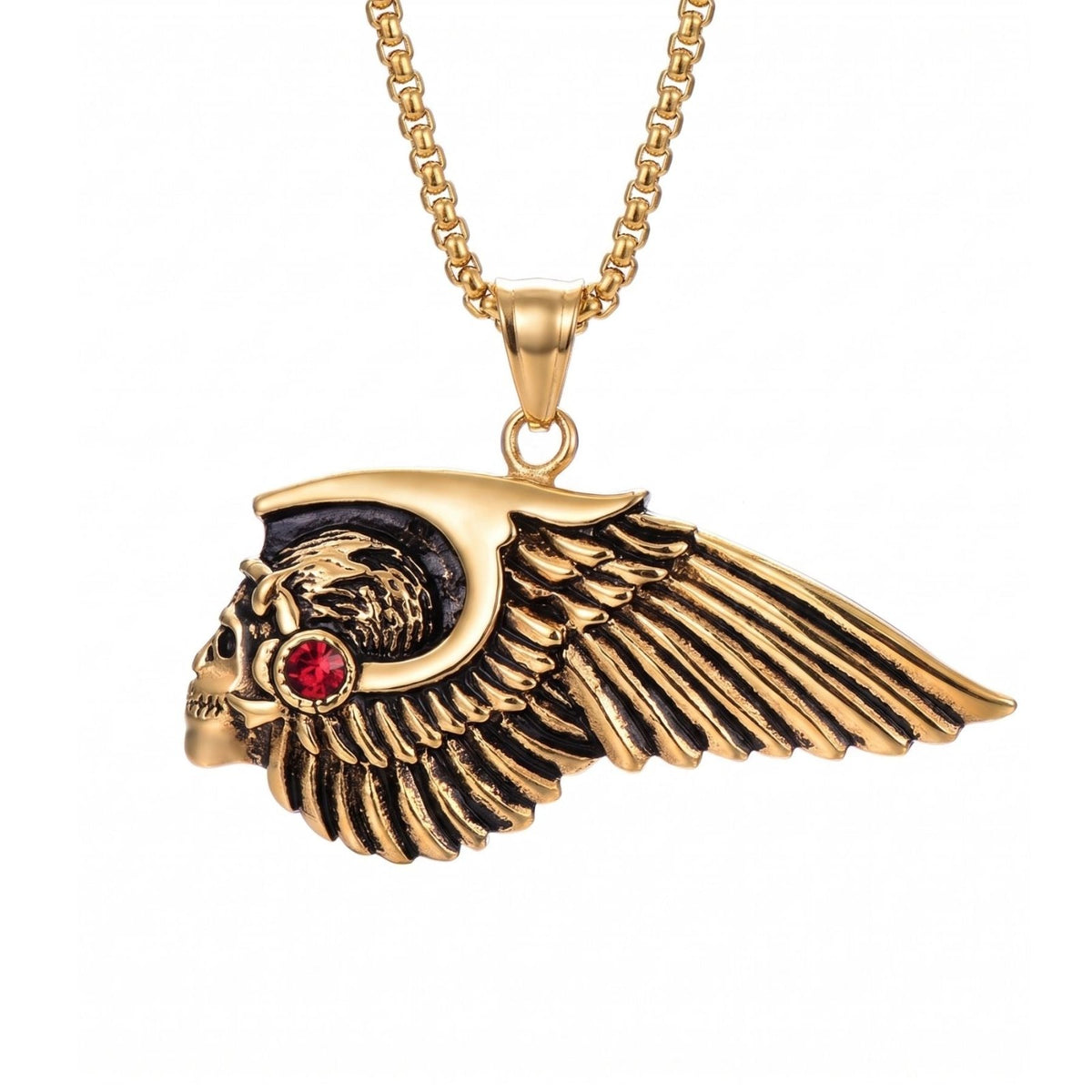 Collier crâne ailé pour homme, en acier titane, pendentif tête de mort avec aile et pierre rouge sertie