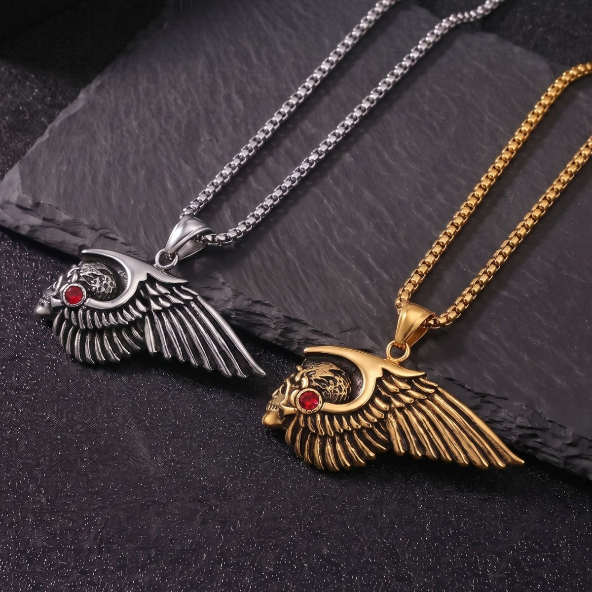 Collier crâne ailé pour homme, en acier titane, pendentif tête de mort avec aile et pierre rouge sertie